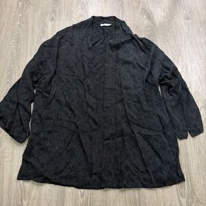 Bryn Walker Lagenlook Open Front Black Cardigan Duster Floral Embroidered Large